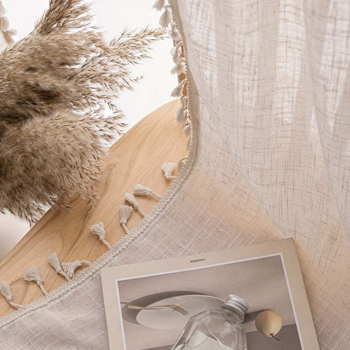 Linen Bohemian Lace Curtain with Rod Design Natural Wood Color Single