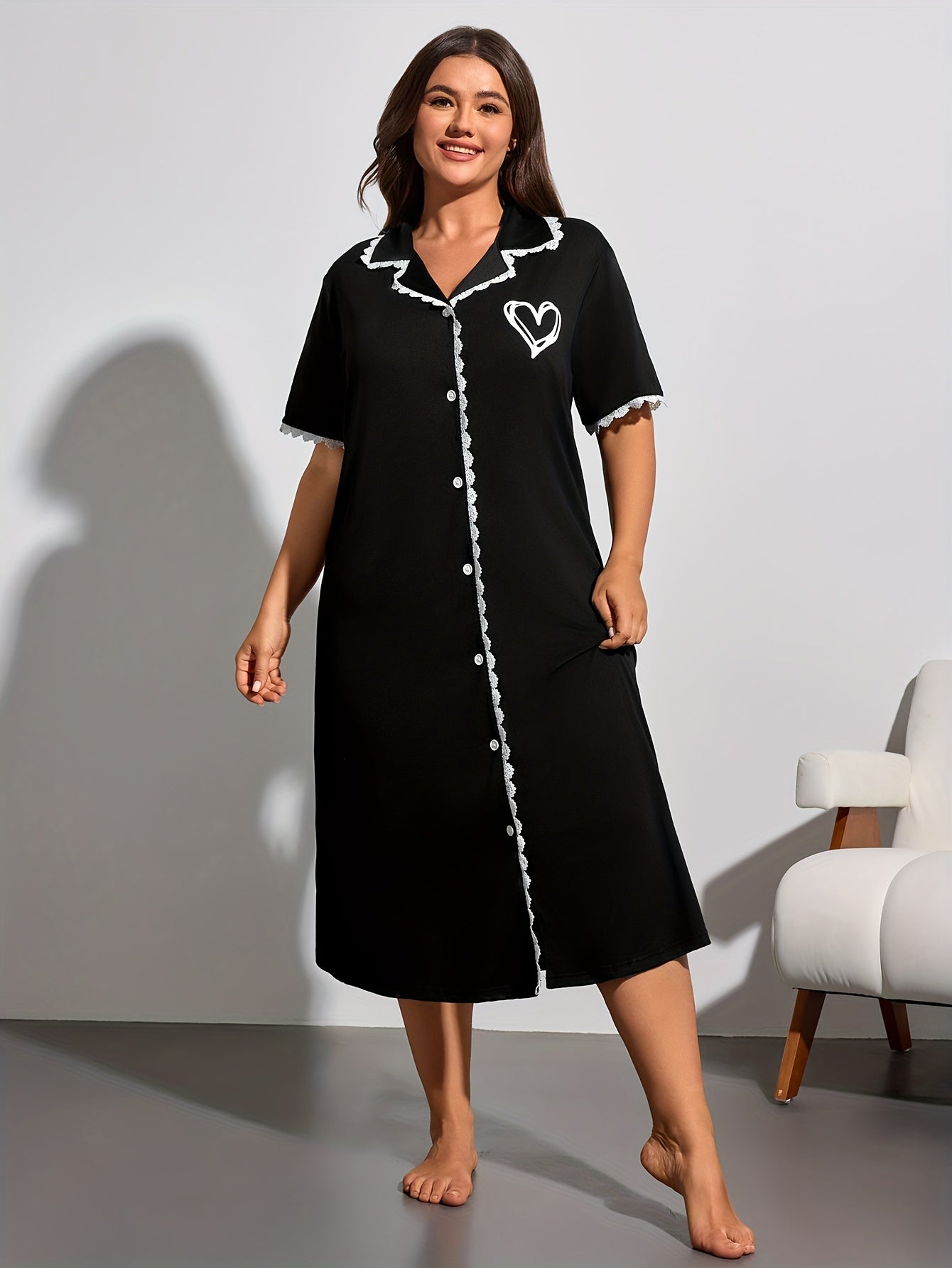 Plus Size Women's Sleep Dress Lace Trim Heart Print Short Sleeve Nightgown Black