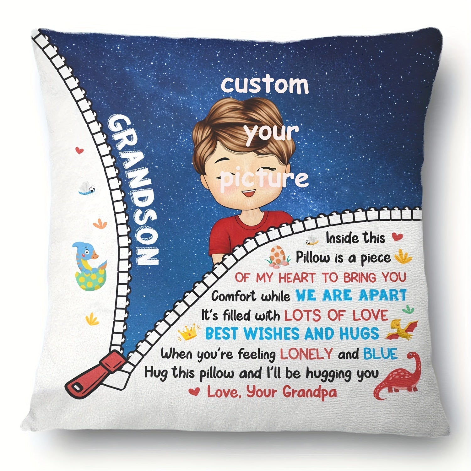 Custom 18x18 Inch Soft Plush Pillow with Hug Message for Grandkids Gift