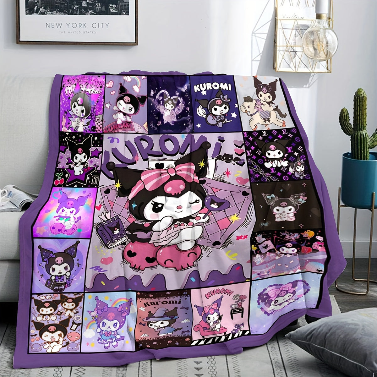 Kuromi Cartoon Flannel Throw Blanket for Kids and Adults Soft Cozy All-Season Bedding