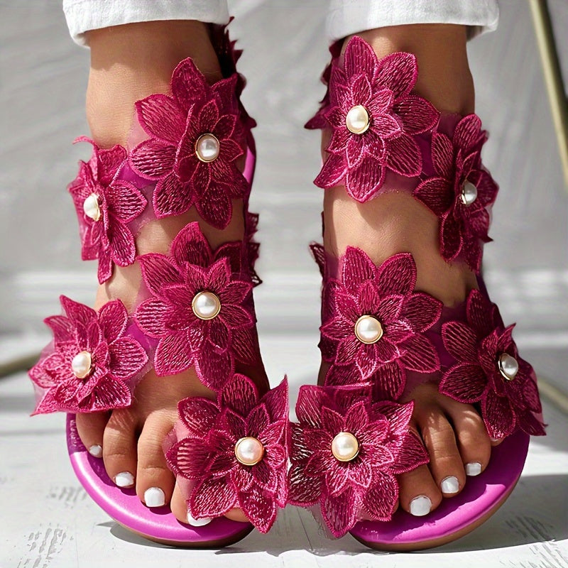 Women's Flat Sandals Faux Pearl Toe Loop Casual Beach Shoes