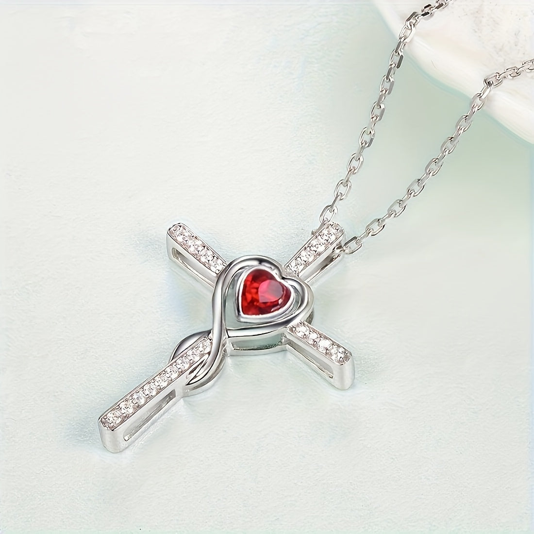 Heart-Shaped Cross Pendant Necklace Silver-Plated Copper Cubic Zirconia Gift for Women