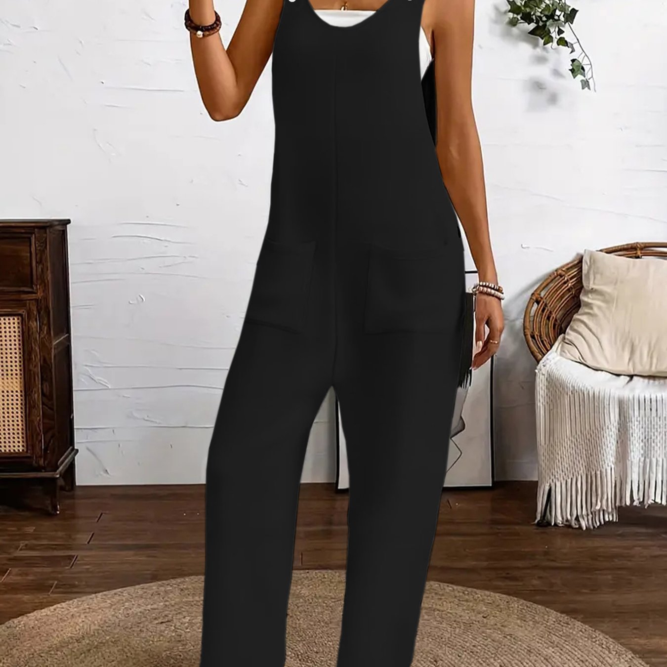 Women's Sleeveless Jumpsuit Solid Color Wide Leg Pockets Plus Size