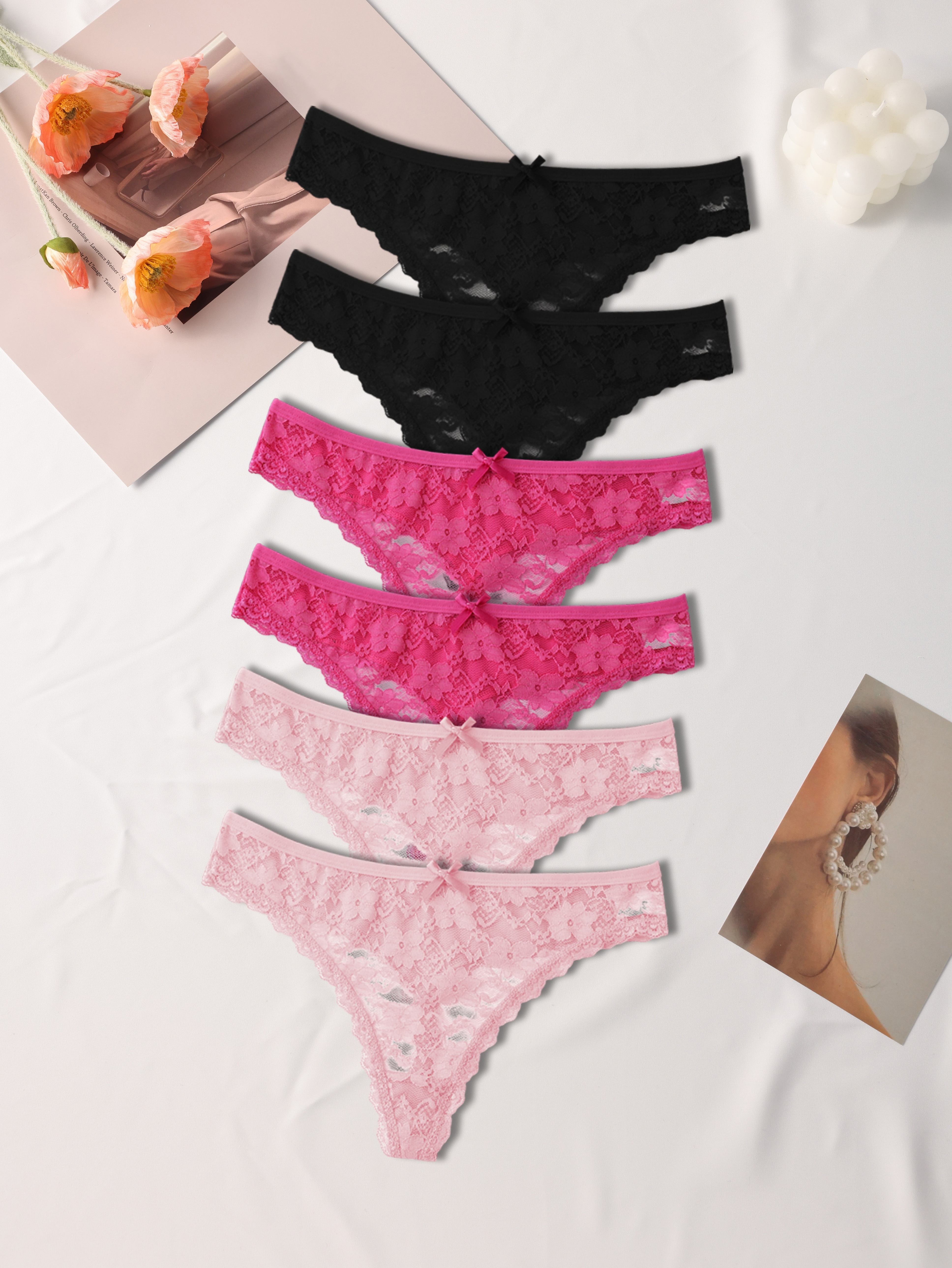 Women's Thongs 6-Pack Floral Lace Low-Rise Breathable Nylon Blend Black Pink White