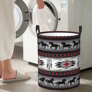 Большая складная корзина для белья с ручками, украшенная узором с галопирующей лошадью. Прочная и стильная круглая корзина из полиэстера для хранения игрушек в прачечной, размером 41,91 x 35,05 см.