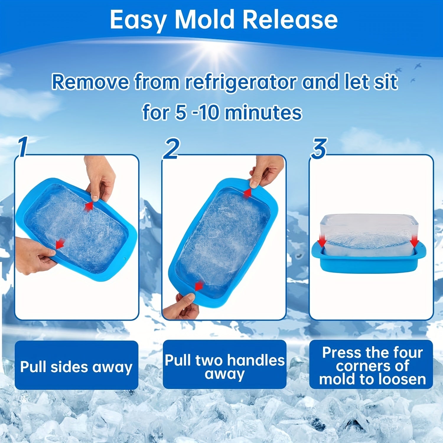 Набор из 2-х сверхбольших форм для льда для ледяных ванн, охладителей и наружного хранения продуктов. Большая силиконовая форма для льда с высокой емкостью и многоразовым использованием. Идеально подходит для домашнего использования.