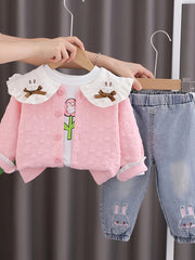 Girls' 3-Piece Spring Autumn Fashion Set with Floral Print Ruffle Collar Denim Pants