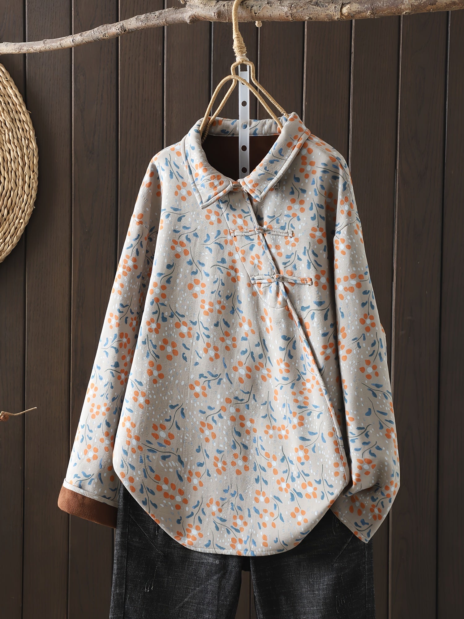 Plus Size Floral Print Woven Shirt with Stand-Up Collar and Chinese-Style Placket for Fall and Winter