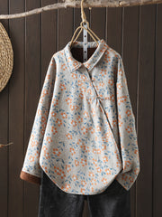 Plus Size Floral Print Woven Shirt with Stand-Up Collar and Chinese-Style Placket for Fall and Winter