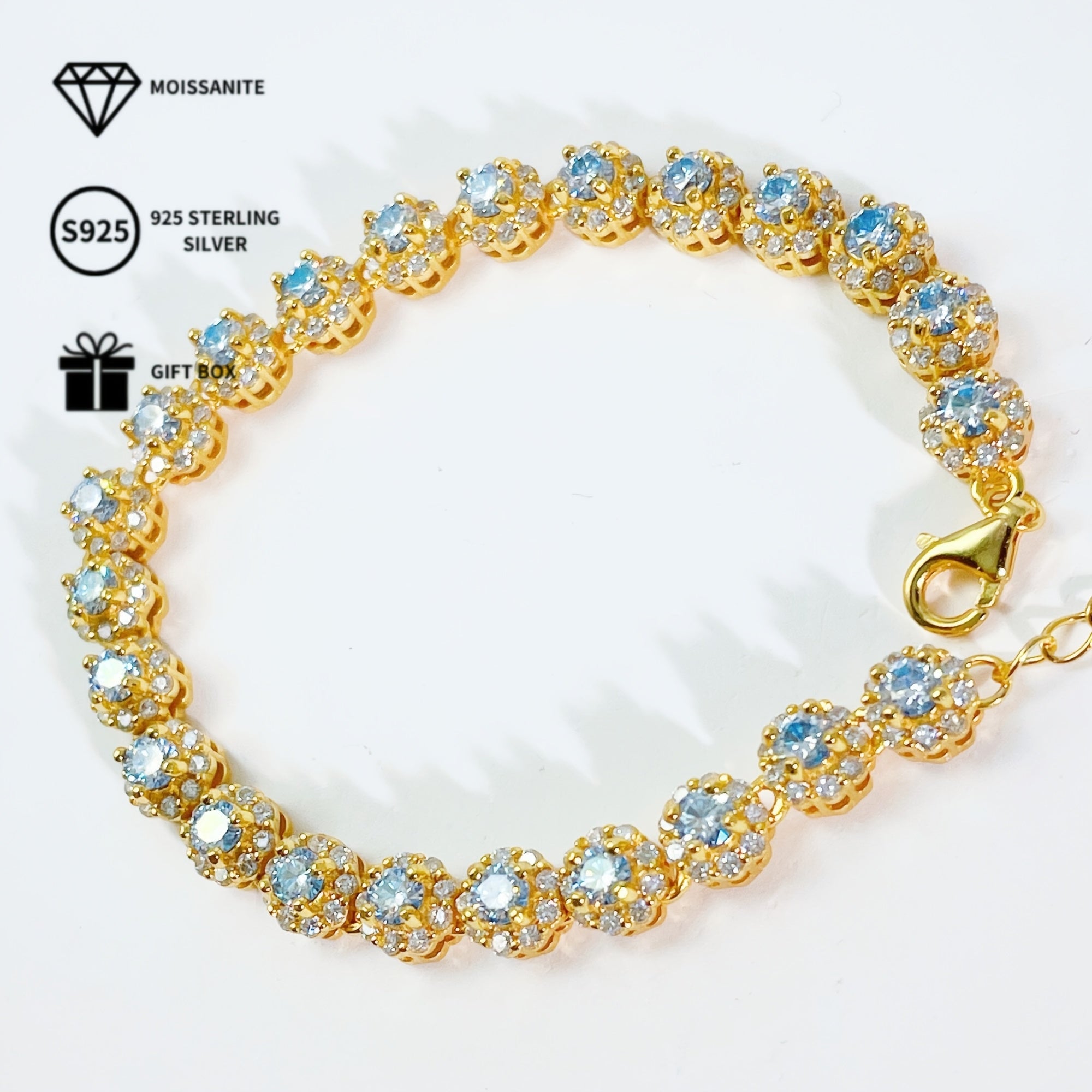 Sterling Silver Bracelet with Blue Moissanite 0.1 Carat for Engagement and Gift