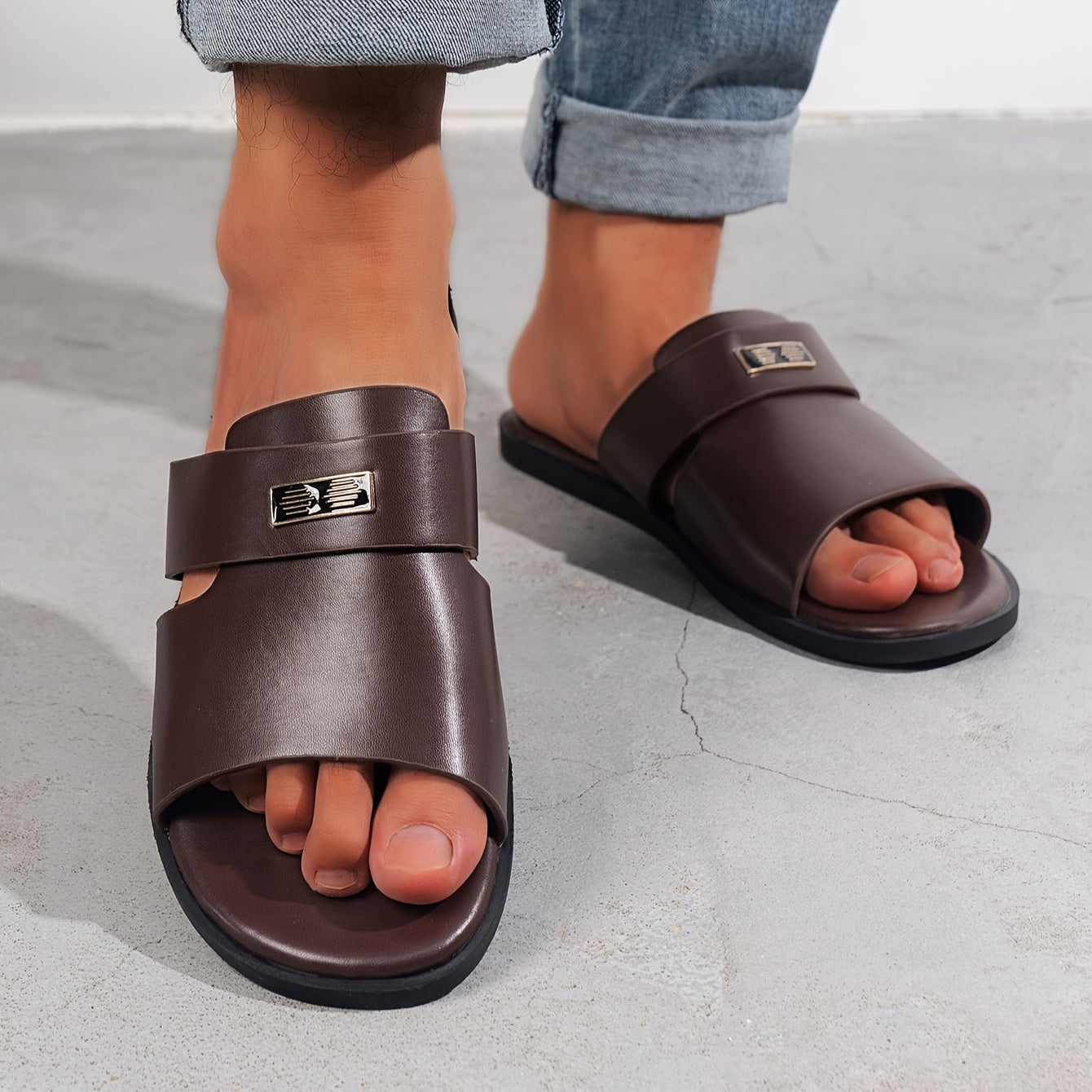 Men's All-Season Casual Faux Leather Slide Sandals with Buckle Closure and TPR Sole