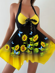 Women's Tankini Set with Sunflower Print and Dot Print Bottoms for Swimming
