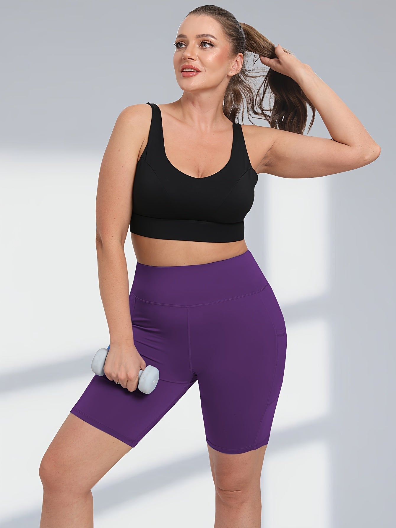 Women's Large Size Shorts Three-Piece Set High Waist Pockets Casual Sports