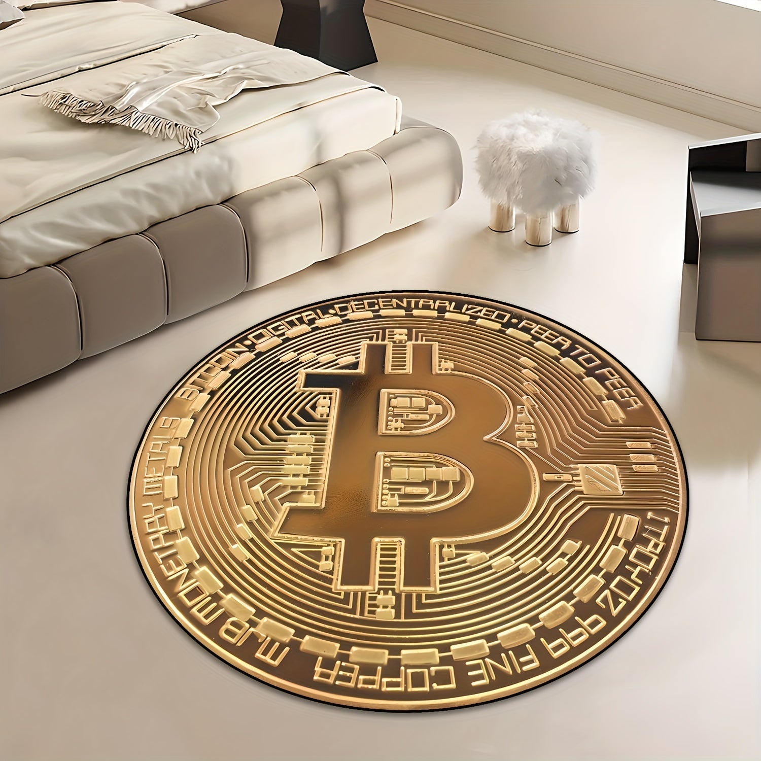 Bitcoin Pattern Round Rug, Stain Resistant, Home Decor, 1pc