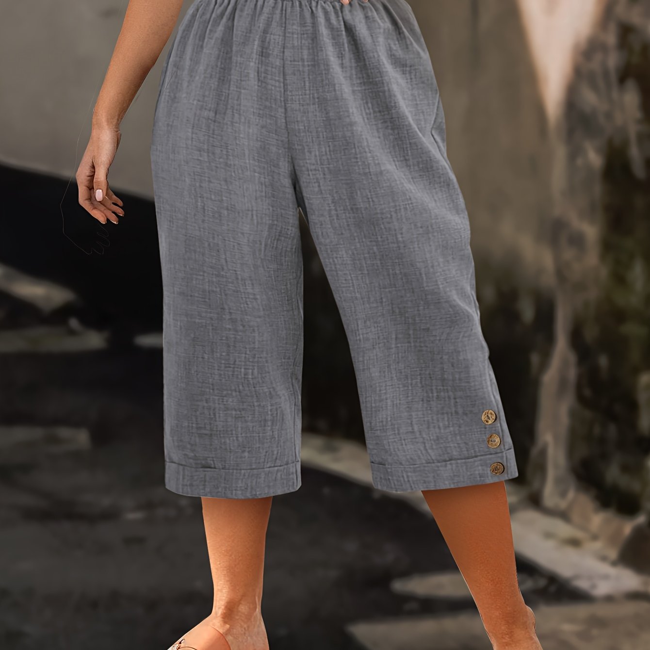 Women Plus Size Olive Green Bermuda Shorts Summer Casual Flat-Fold Button Details