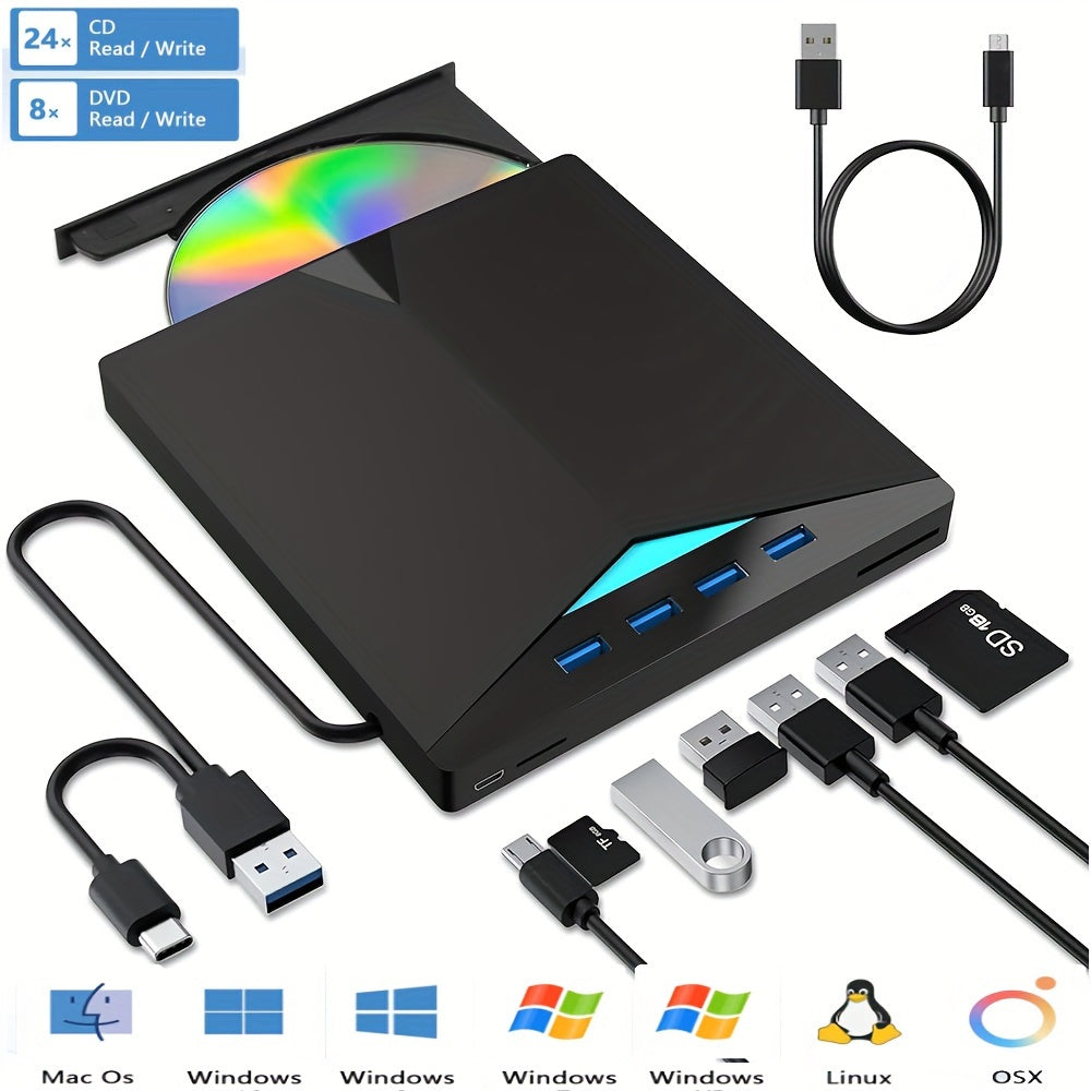 External 7-in-1 USB 3.0 Type-C External CD DVD Drive with Card Reader and USB Hub