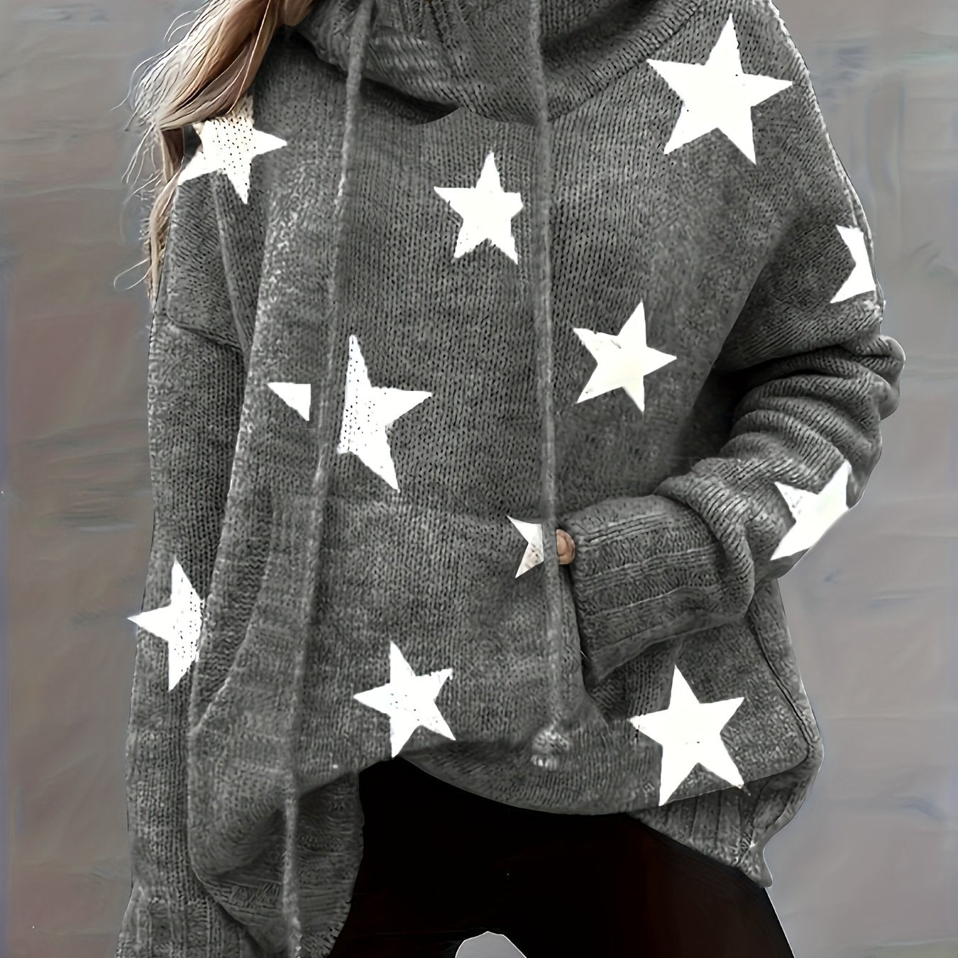 Plus Size Women’s Knit Hoodie With Pockets and Star Print