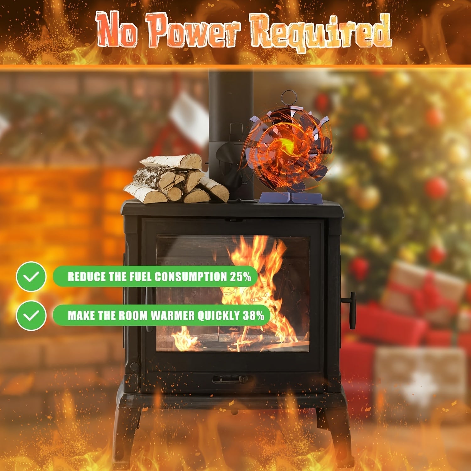 Set of 8 Thermodynamic Stove Fans for Wood Gas Pellet Stoves with Built-In Thermometer