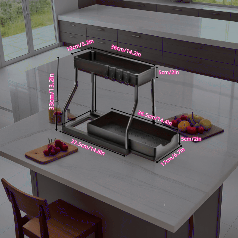 Kichik oshxonalarda moslashuvchan rack va idish-tovoq qutisi bilan stol usti va pol sinki tashkilotchisi