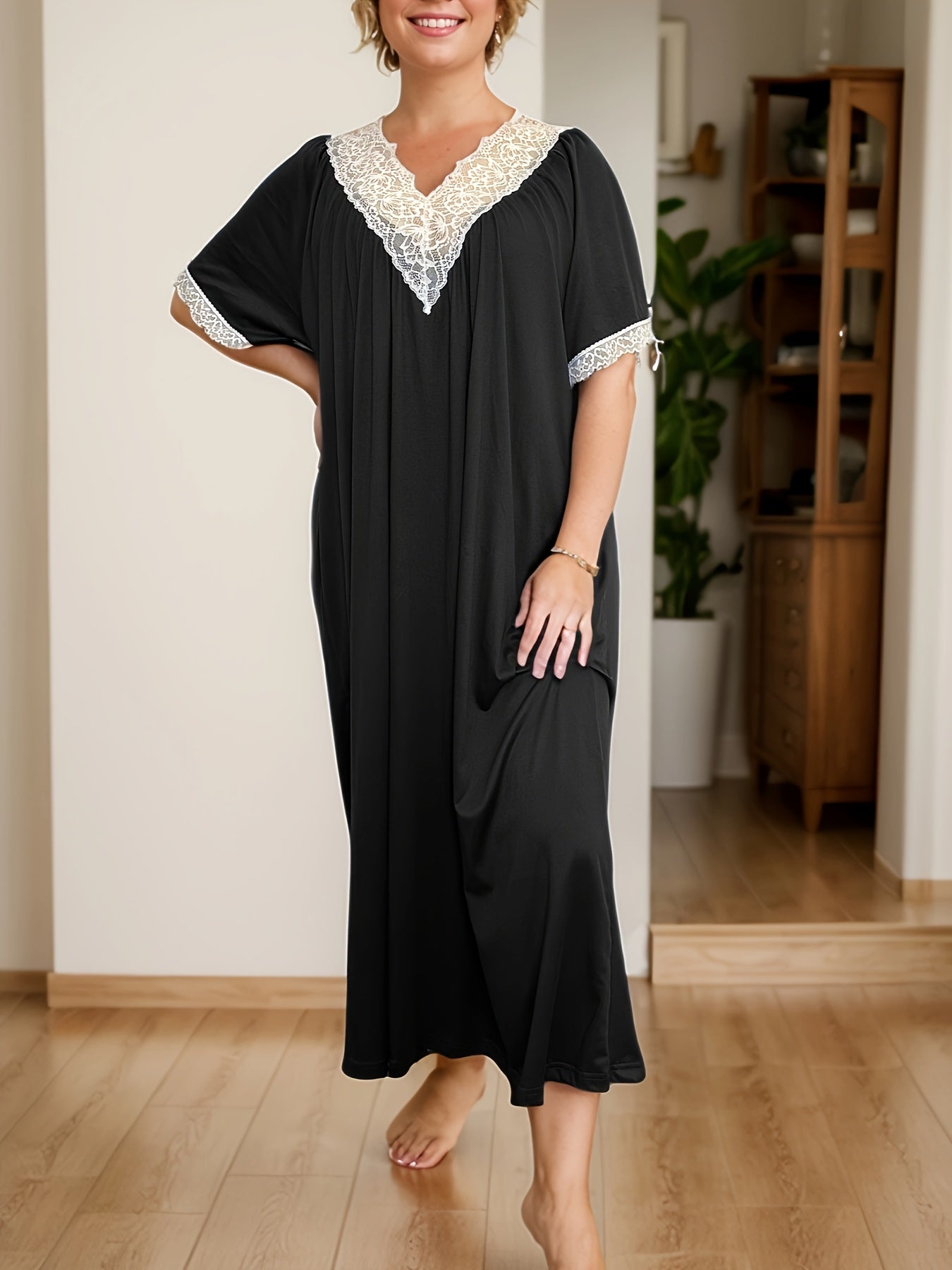 Women's Plus Size Black Midi Nightdress with White Lace V-Neck Sleepwear