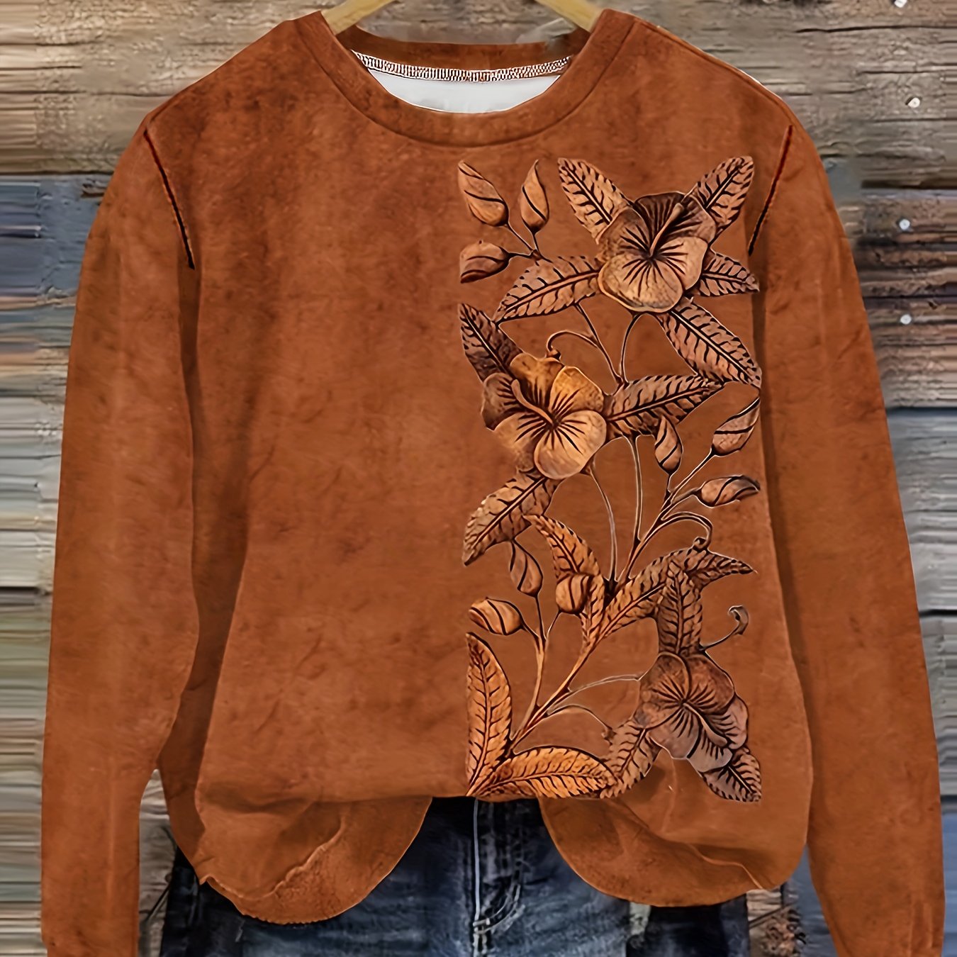 Women's Long Sleeve Sweatshirt Cozy Floral Print Pullover Fall Winter Brown Orange