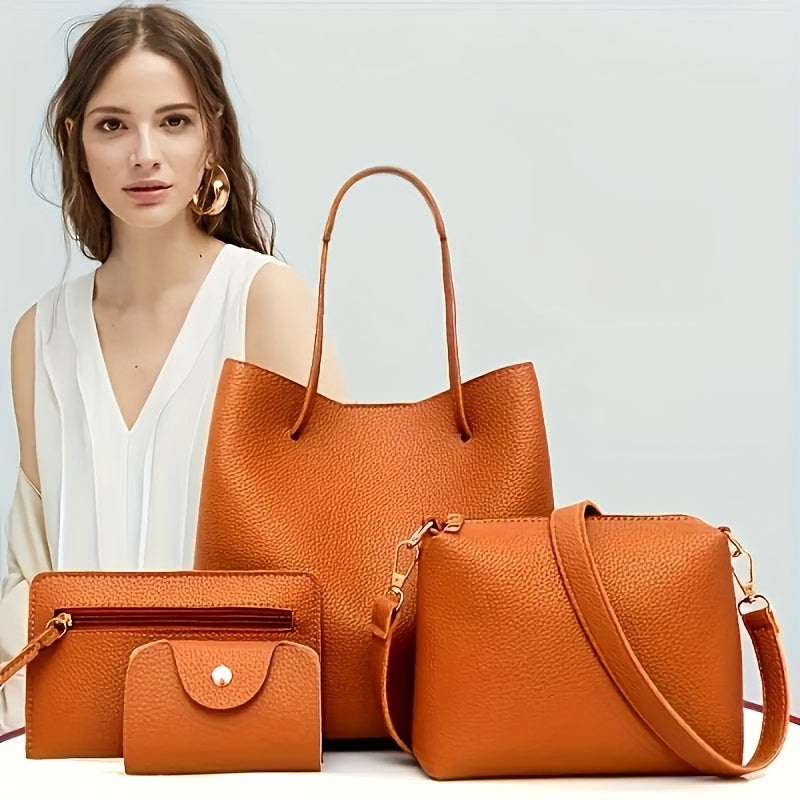 4 ta qora rangli, lychee tuzilishiga ega nafis sumkalar to'plami. Tote sumkasi, hamyon, magnit yopilishi va polyester astariga ega yelka kesim sumkasi kiradi.