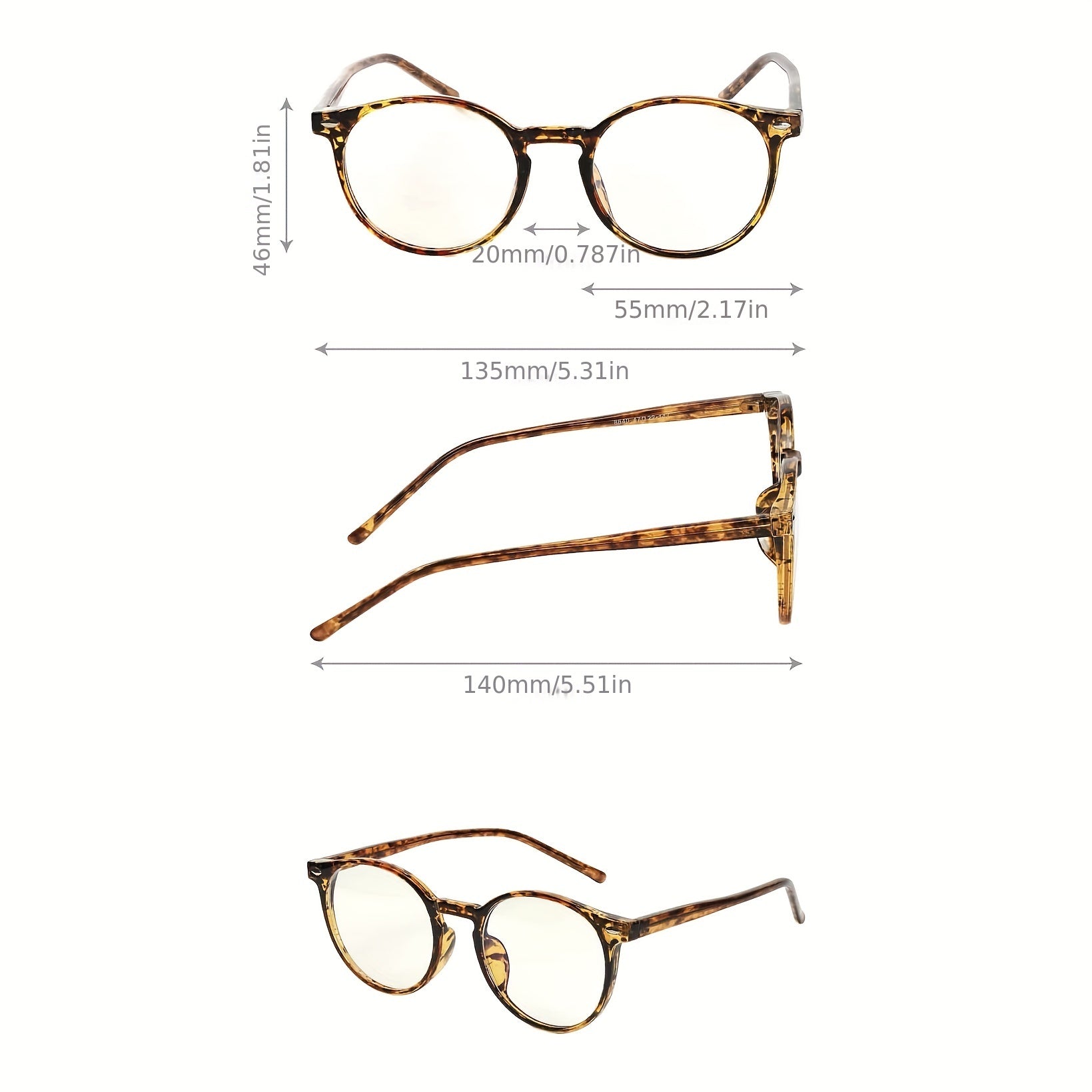 Unisex Tortoiseshell Round Glasses with Clear Lenses, TR90 Computer Spectacles