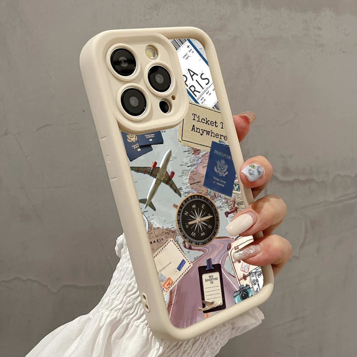 White Airplane Compass Map Pattern TPU Phone Case for iPhone 11 to 15 and SE