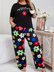 Женский комплект пижамы больших размеров с цветочным принтом, топы с коротким рукавом и брюки для отдыха
