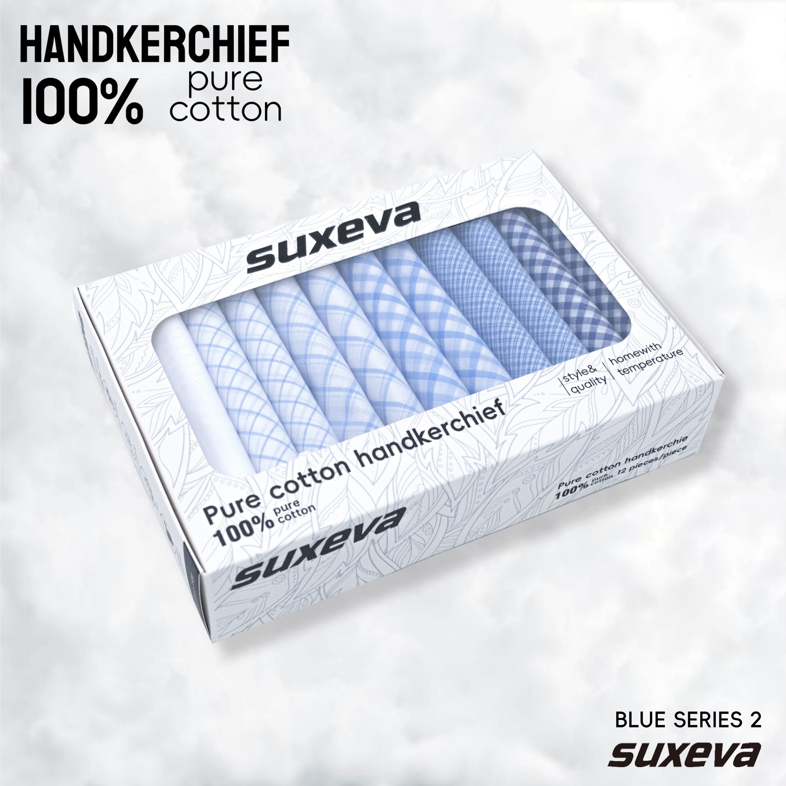 12-Pack Men's Cotton Handkerchiefs Blue and White Checkered Classic Style