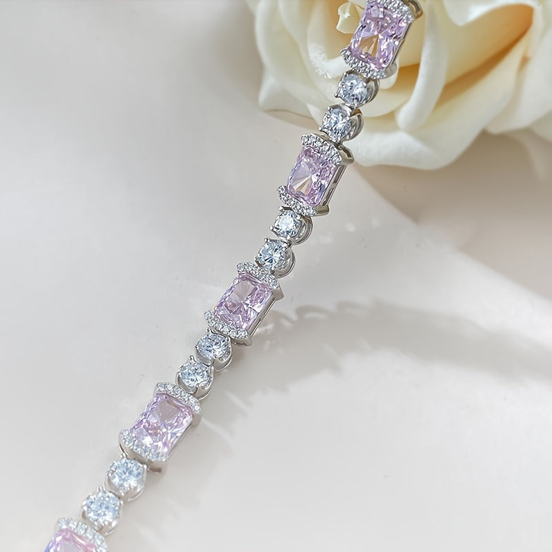Sterling Silver Bracelet with Pink Cubic Zirconia for Women and October Birthdays