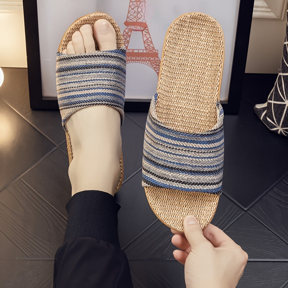 Home Slippers with Striped Pattern and Open Toe Casual Slip-On Indoor Footwear