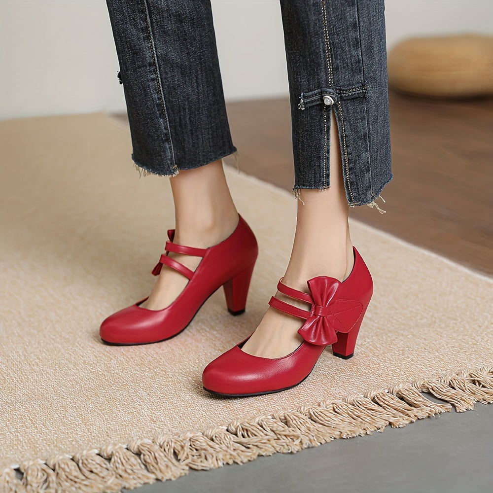 Women's PU Leather Round Toe Kitten Heel Pumps with Bowknot Ankle Straps