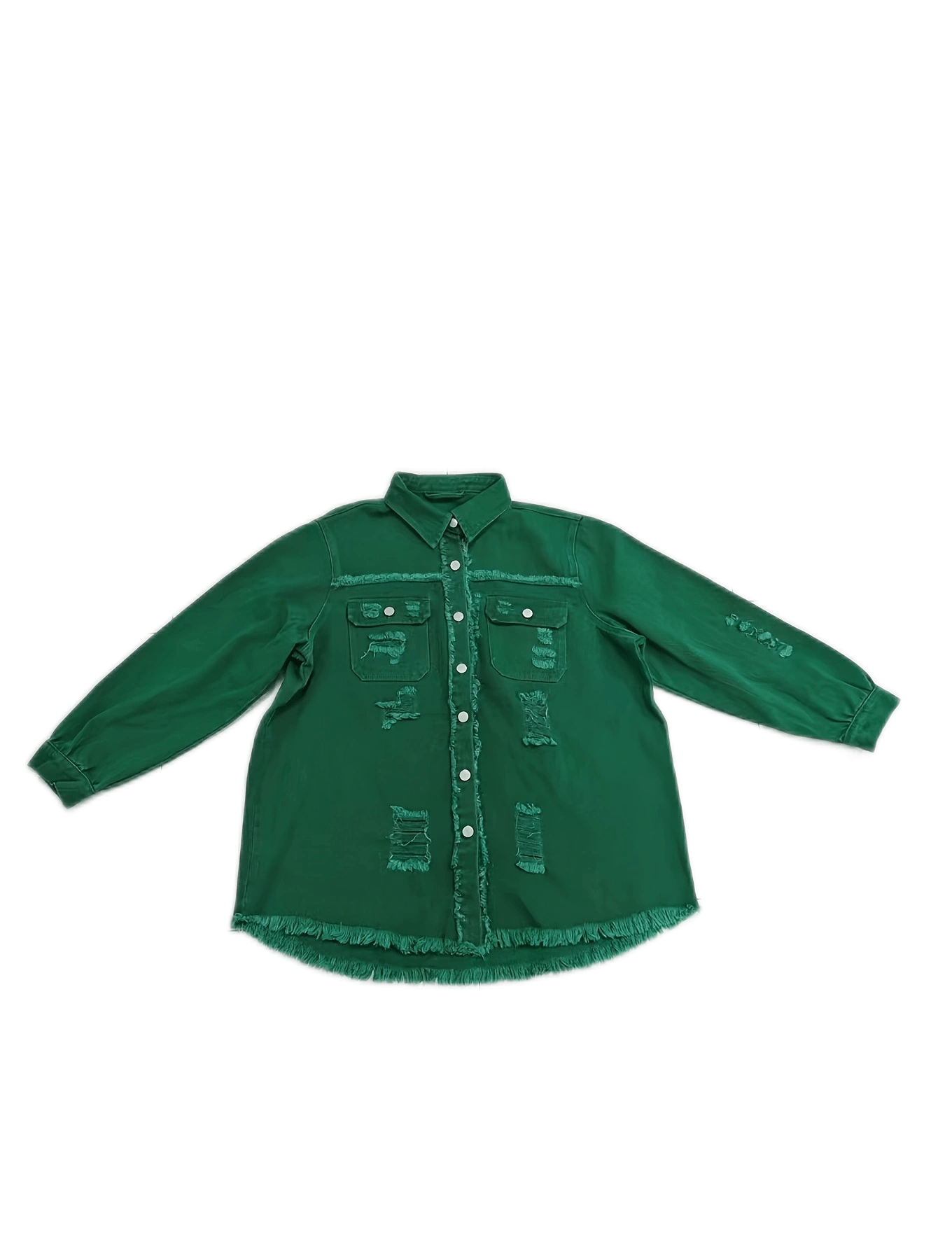 Women's Plus Size Distressed Denim Shirt with Raw Hem and Flap Pockets