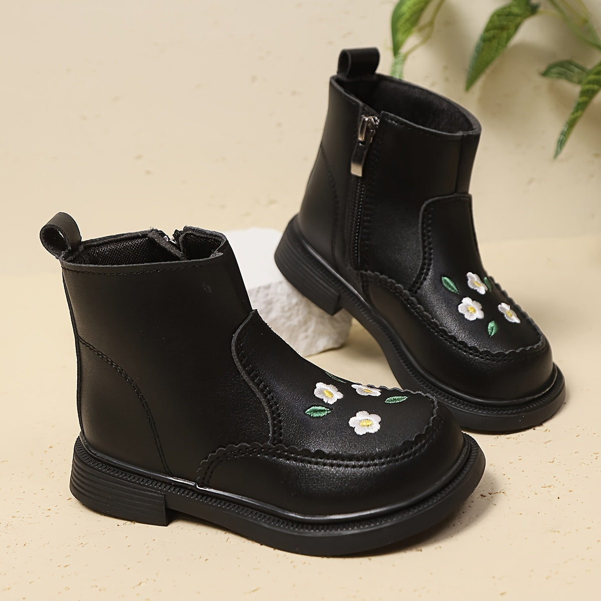 Girls Ankle Boots Floral Embroidery PU Upper Rubber Sole Zipper Closure Fall Winter