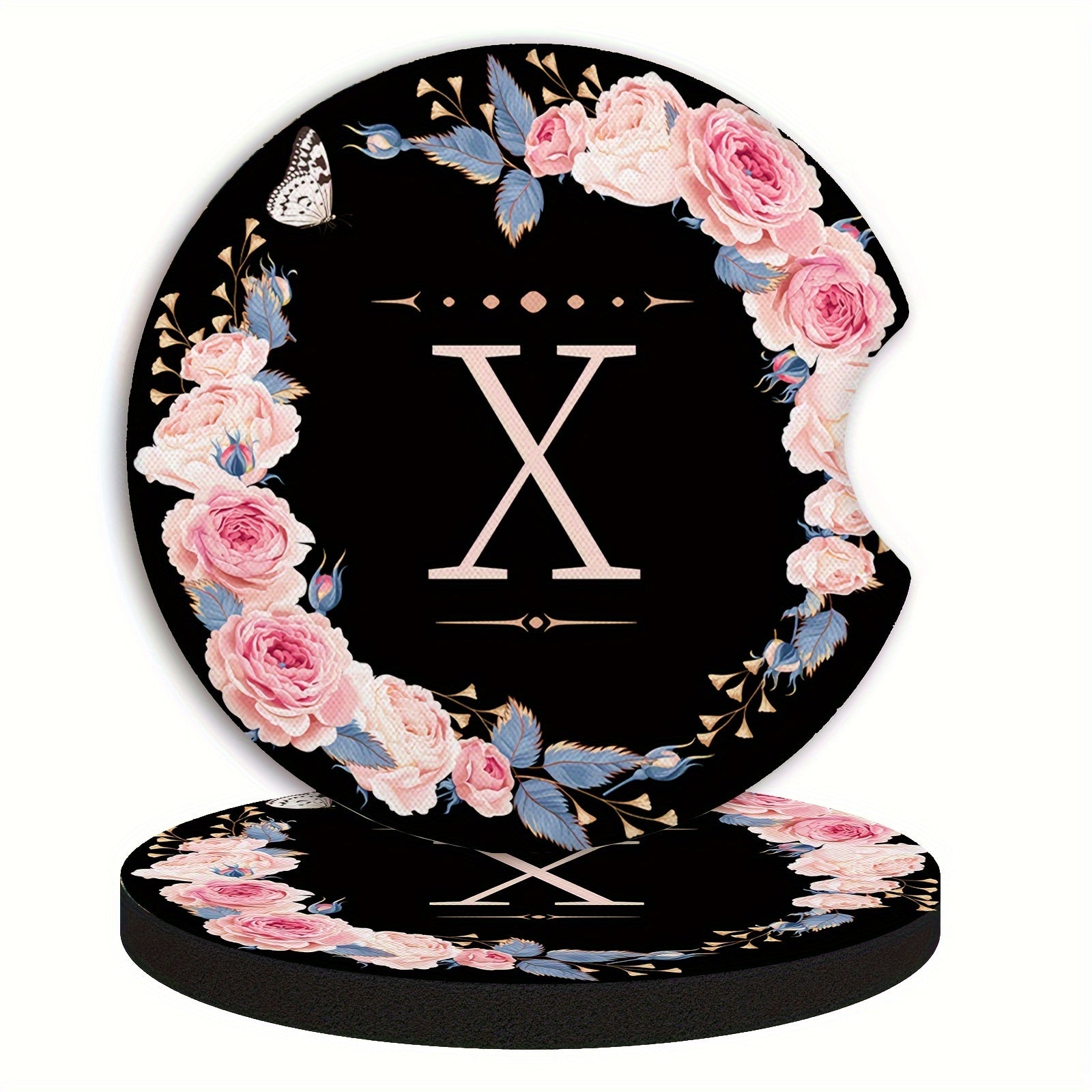 Unisex Rubber Car Coasters 2 Pack Waterproof Floral Monogram Drink Holders