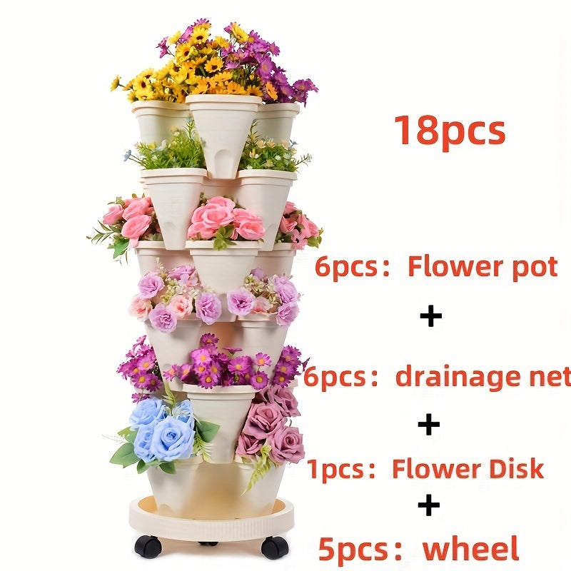 Stackable Plastic Flower Pot Set with Wheels for Indoor Outdoor Gardening for Herbs Vegetables and Flowers