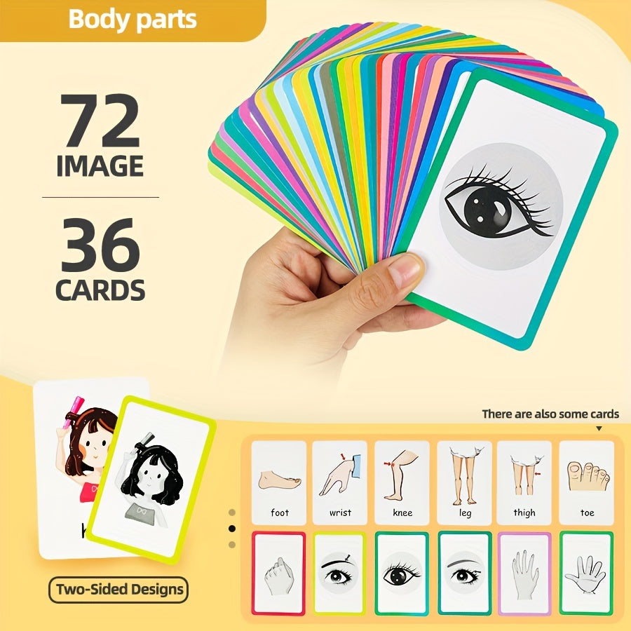 Educational Bilingual Flash Cards for Kids Ages 3 and Up 36 Double-Sided Paper Teaching Aids with Animals Fruits Vegetables Shapes and Body Parts