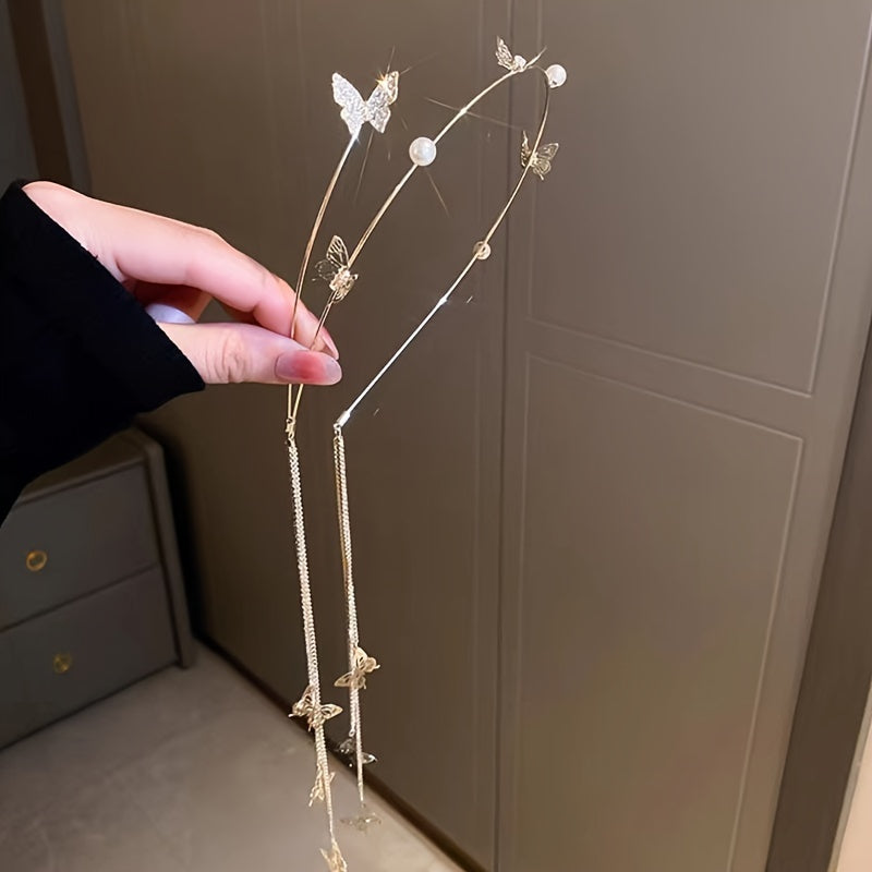 Faux Pearl Butterfly Headband with Tassel for Women