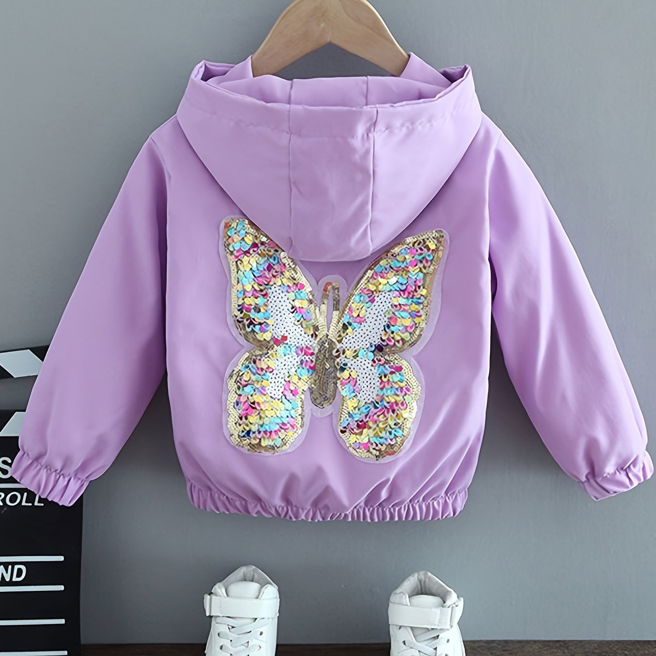 Girls Butterfly Sequin Hooded Jacket Spring Fall Casual Zip-Up Coat