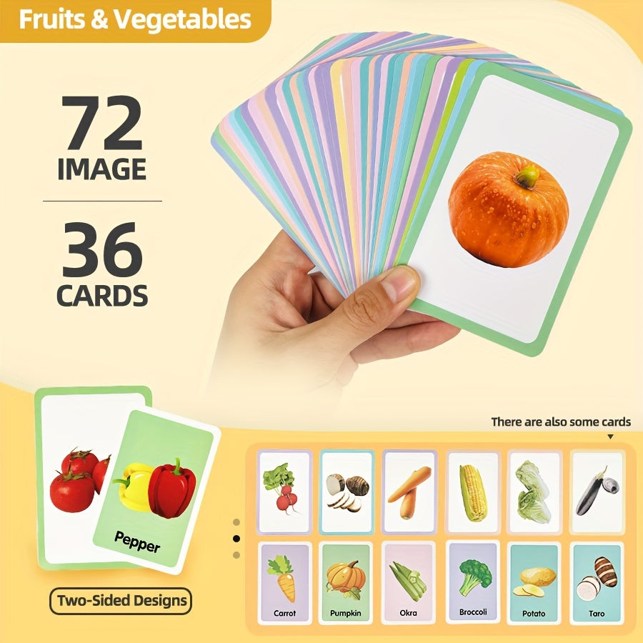 Educational Bilingual Flash Cards for Kids Ages 3 and Up 36 Double-Sided Paper Teaching Aids with Animals Fruits Vegetables Shapes and Body Parts