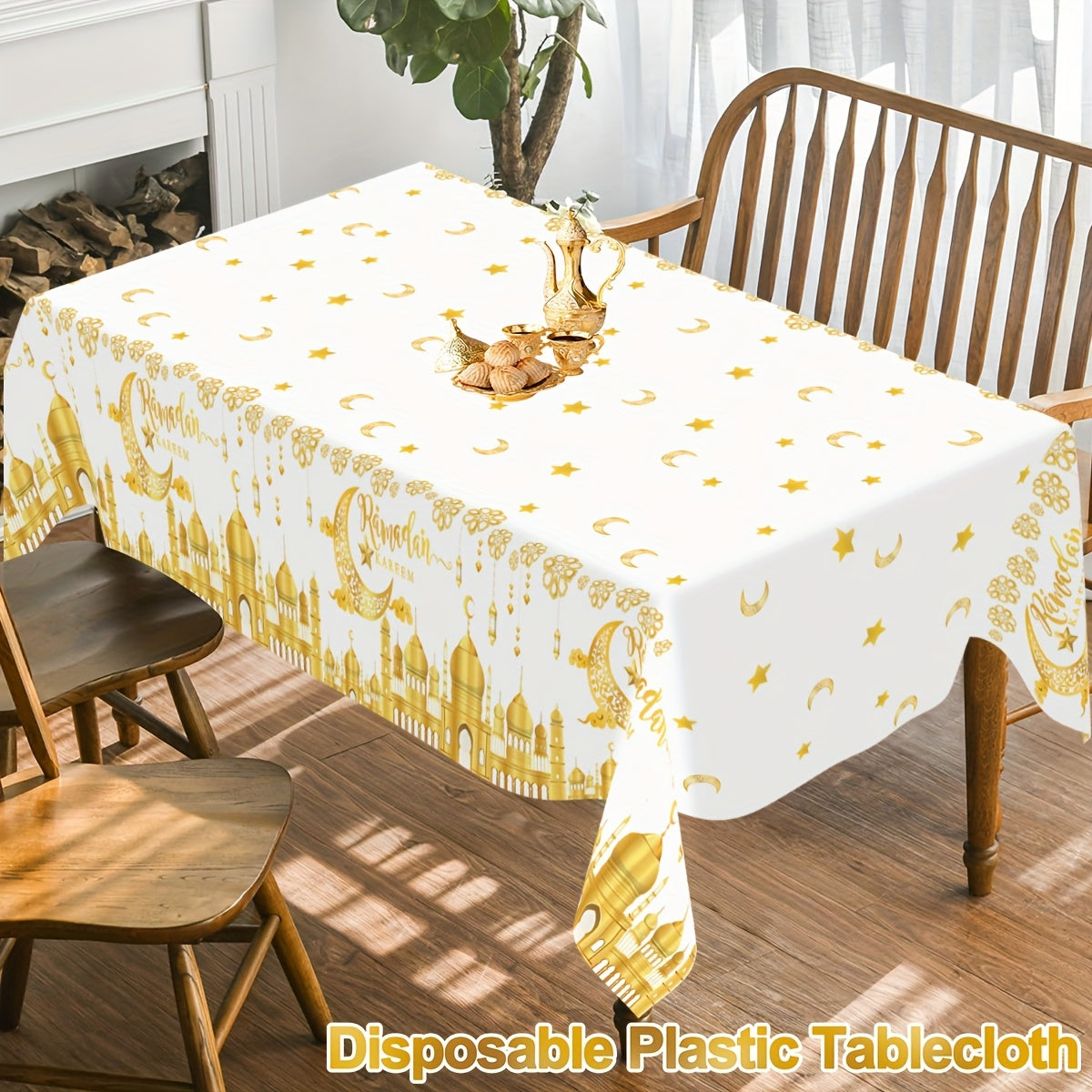 Black and White Plastic Eid Mubarak Tablecloth with Castle Moon and Star Lantern Design for Ramadan and Eid