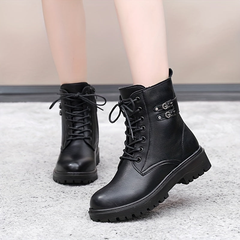 Women's Fleece-Lined Ankle Boots Motorcycle Snow Boots Warm Platform Cold Weather