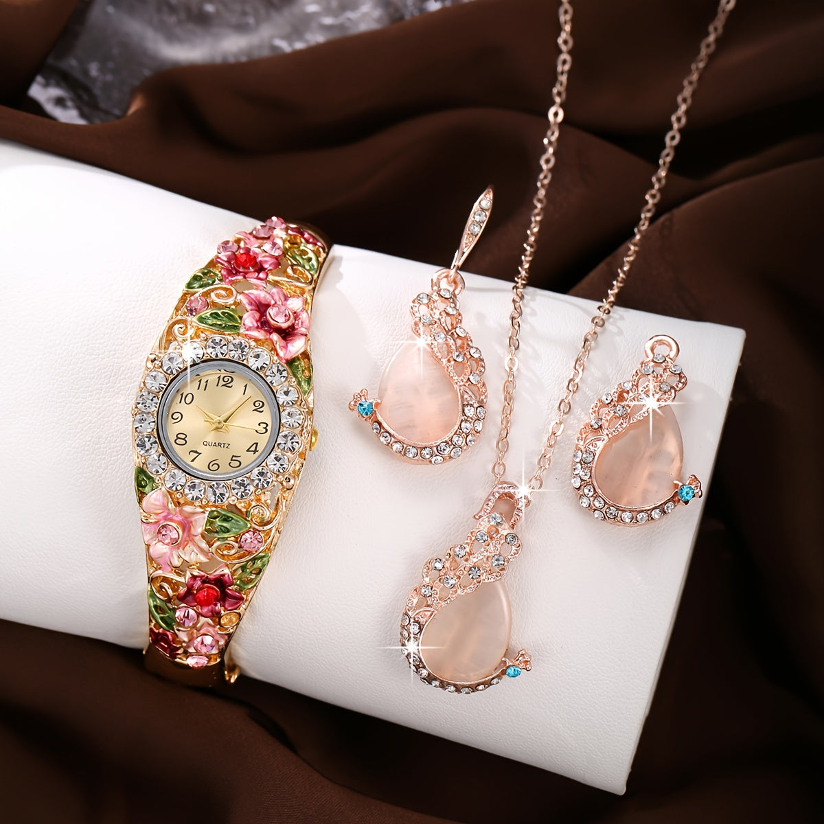 Set of 4 Women's Baroque Flower Quartz Bracelet Watches with Rhinestone Cuff Jewelry Set