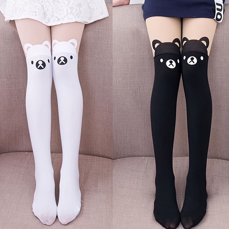 Girls' Leggings with Bear Cartoon Print Soft Breathable Stretchy for Dance Casual Wear Black White