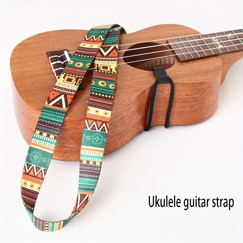 Correa de ukelele de inspiración hawaiana colorida con patrones geométricos y colores vibrantes mezclados