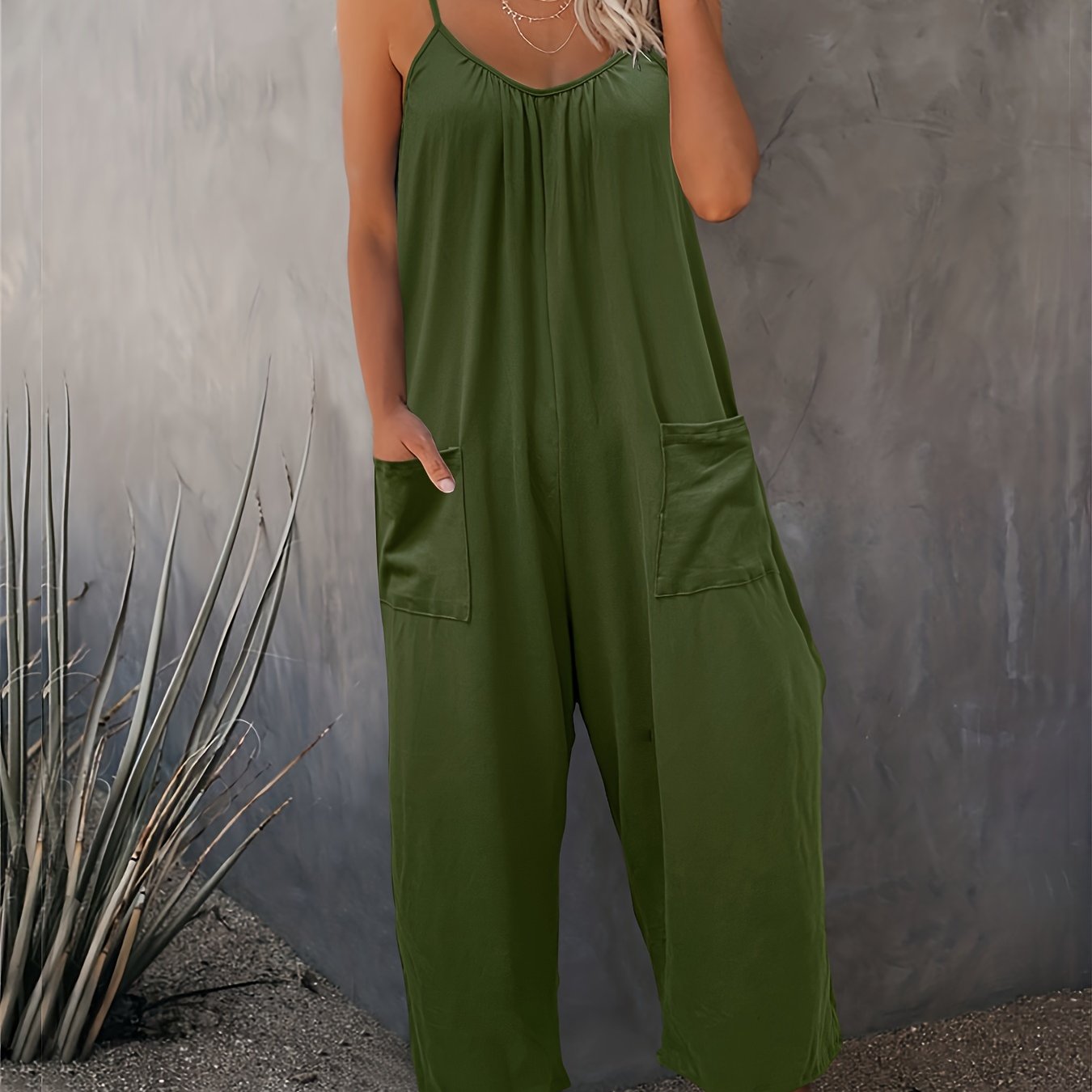 Plus Size Solid Ruched Cami Jumpsuit Sleeveless Casual Pocket Women