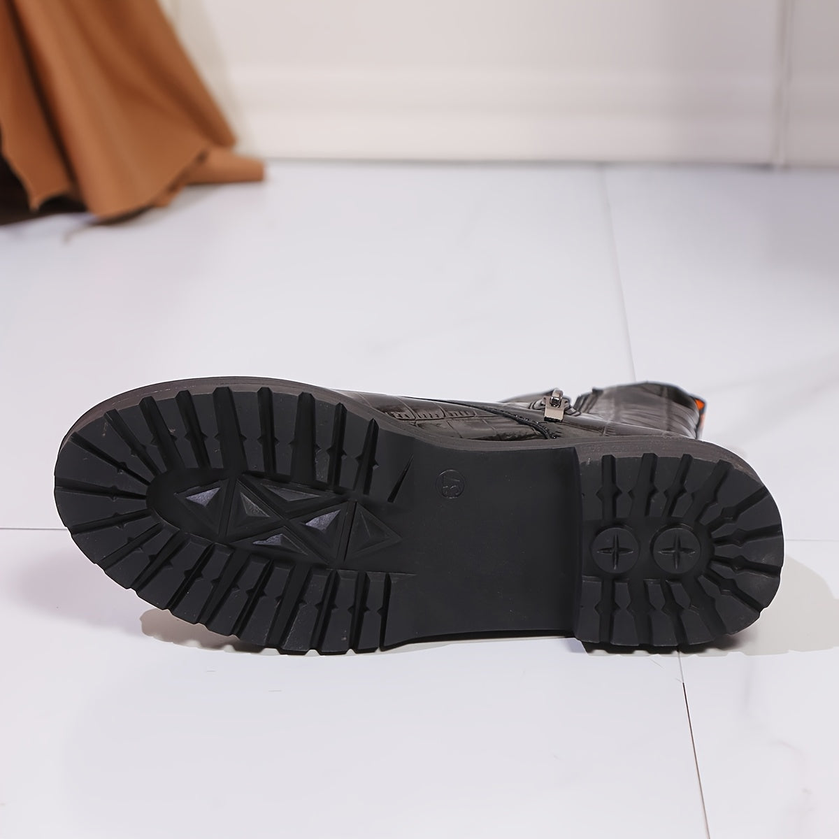 Women's Mid Heel Platform Boots with Crocodile Pattern Zipper Closure