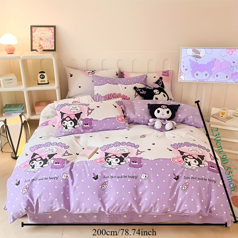 4-Piece Purple Cartoon Bedding Set with Quilt Cover Pillowcases and Sheet 200x230cm