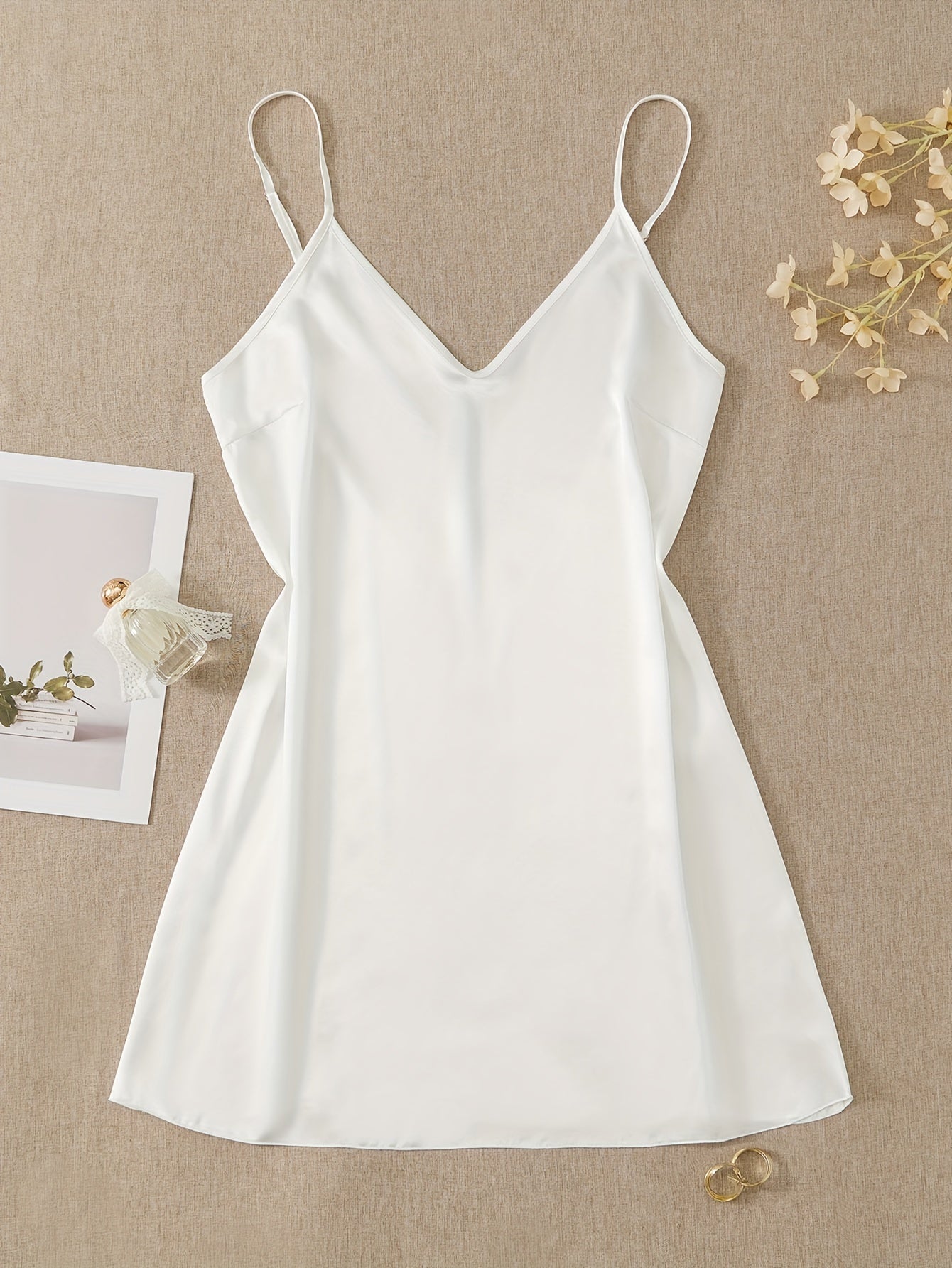 Women's Nightdress V-Neck Backless Lace Trim Mini Sleepwear Solid Polyester